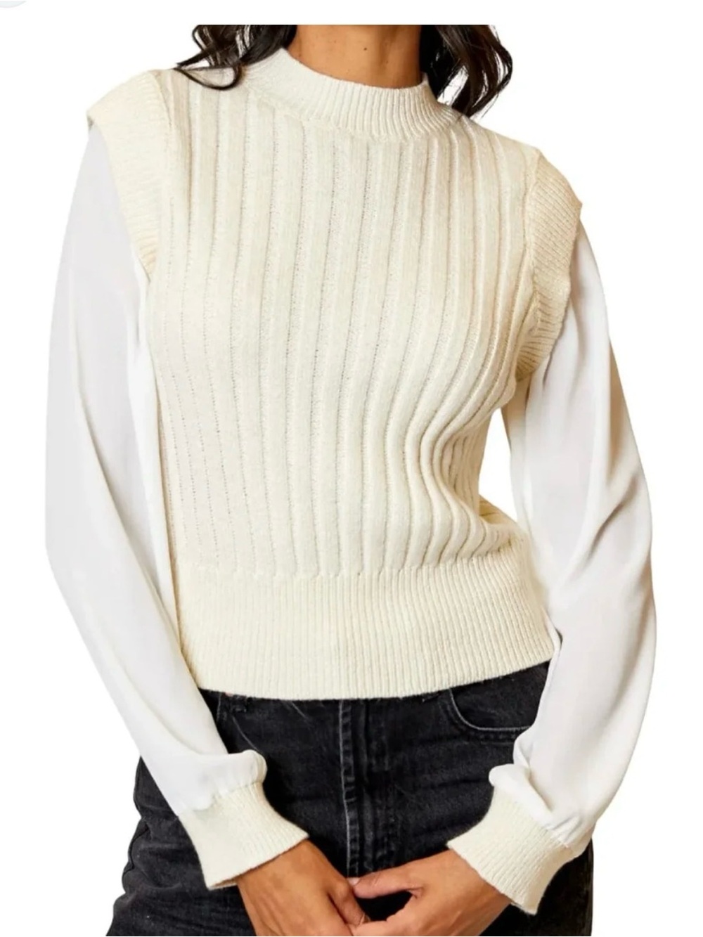 Design History Cream Ribbed Sleeveless Crewneck Sweater Vest